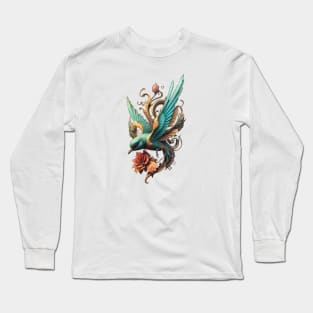 Swallow & Rose Tattoo Bird Illustration Gift For Bird Watcher Bird Lover Ornithology Wings Feathers Ornithologist Long Sleeve T-Shirt